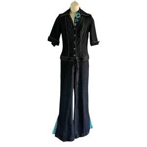 Vintage Bisou Bisou Y2k Woman's Sz S Dark Demin Jumpsuit w/ Added Flared Legs